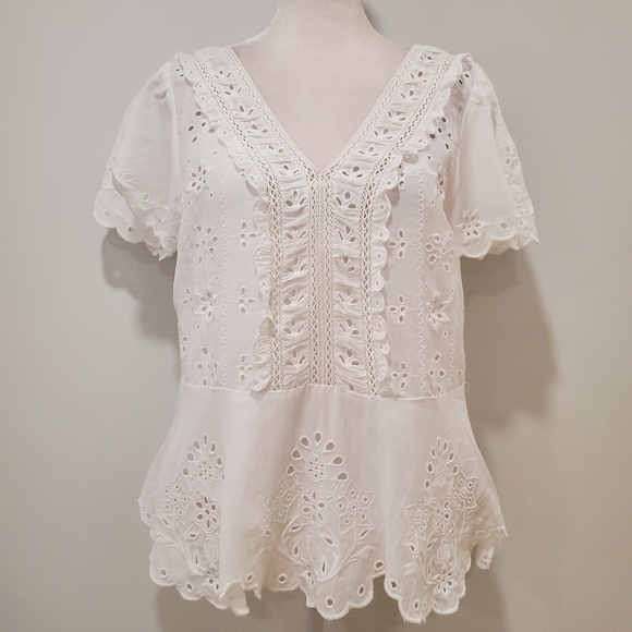 Johnny Was Jade Elizabeth white cotton embroidered eyelet peplum top S NWT - Picture 3 of 13